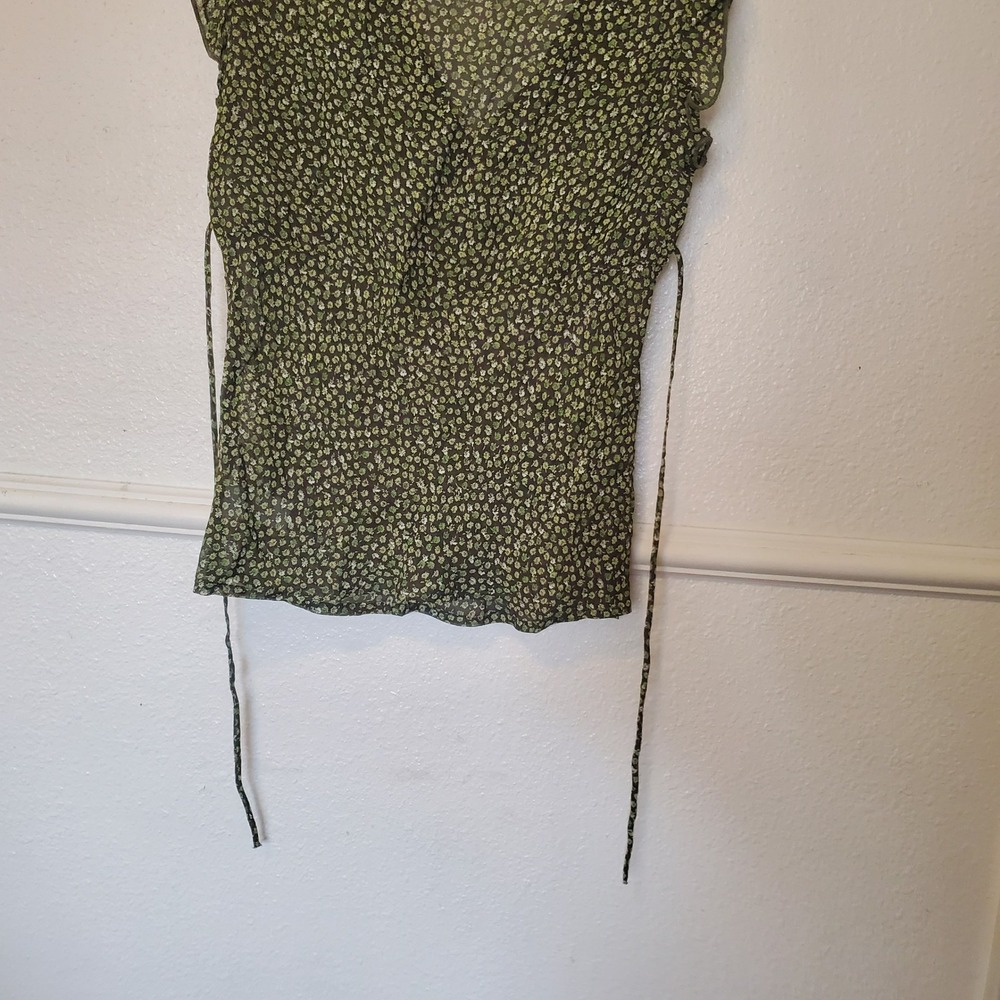 Forever 21 Sheer Floral V-Neck Blouse Green Ruffle Sleeve Side Tie Top F1187-P - Picture 7 of 12